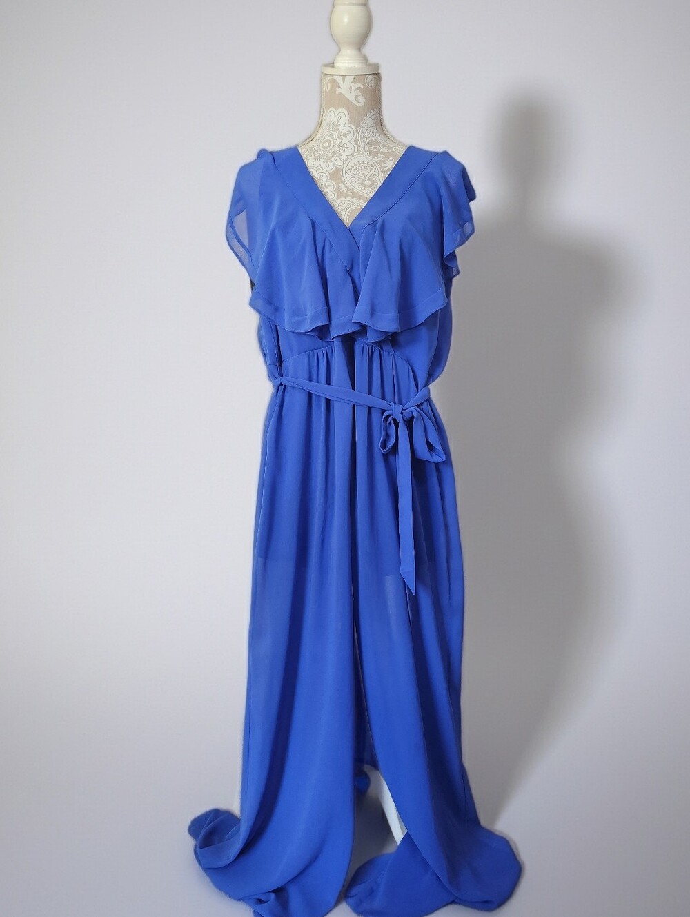 Bebe Double Ruffle V-Neck Jumpsuit In Royal Blue Size 8